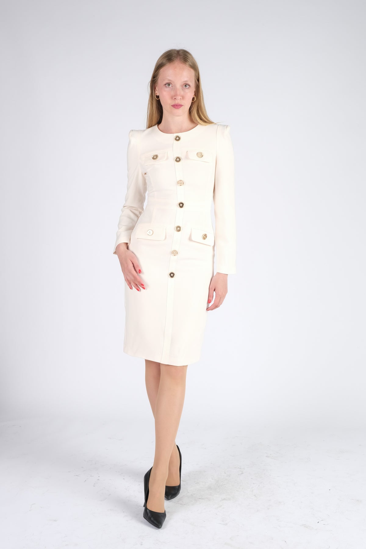 Cream Buttons Midi Dress