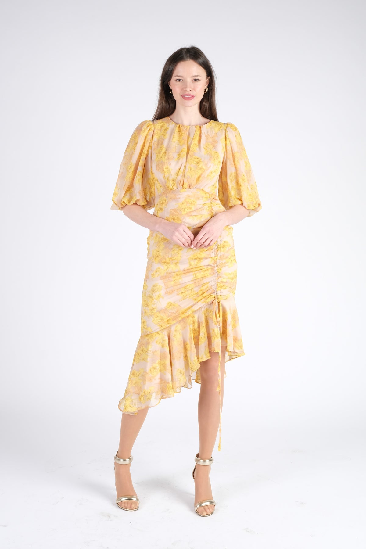 Yellow Midi Dress with Puff Sleeves