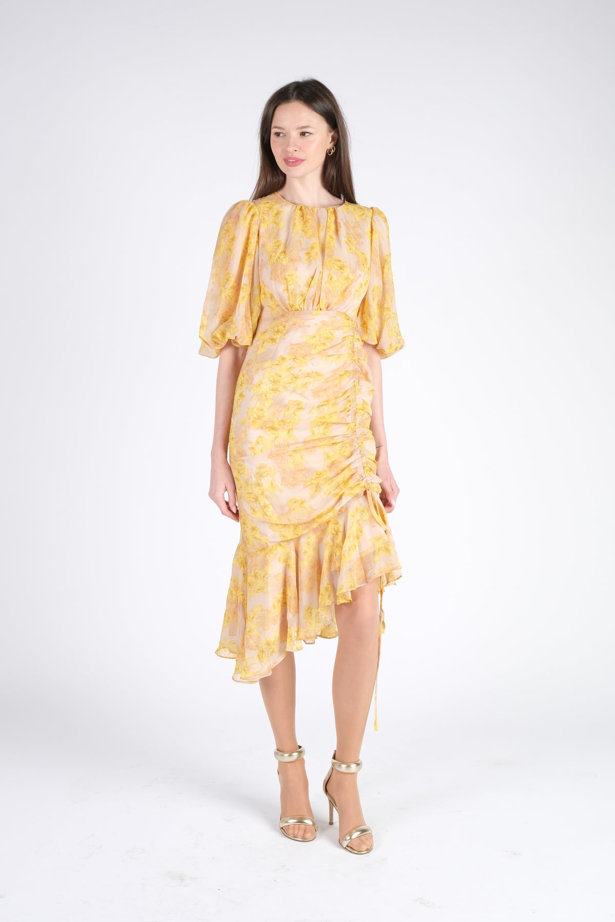 Yellow Midi Dress with Puff Sleeves