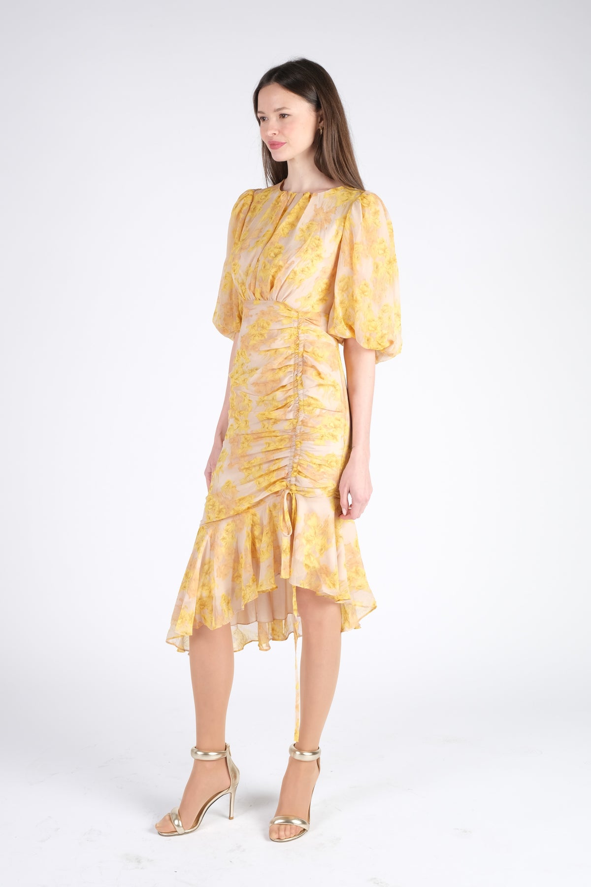 Yellow Midi Dress with Puff Sleeves