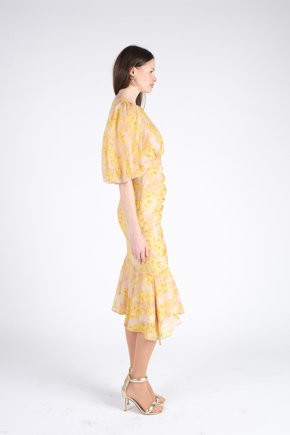 Yellow Midi Dress with Puff Sleeves