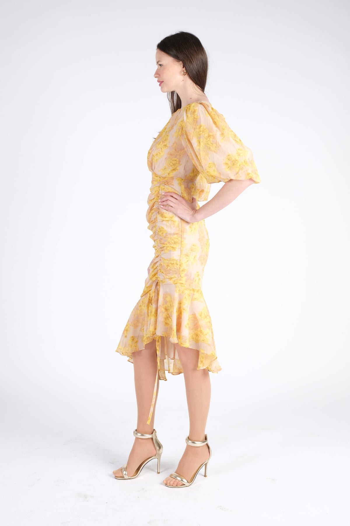 Yellow Midi Dress with Puff Sleeves