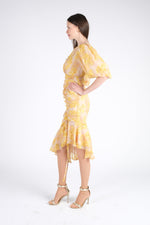Yellow Midi Dress with Puff Sleeves