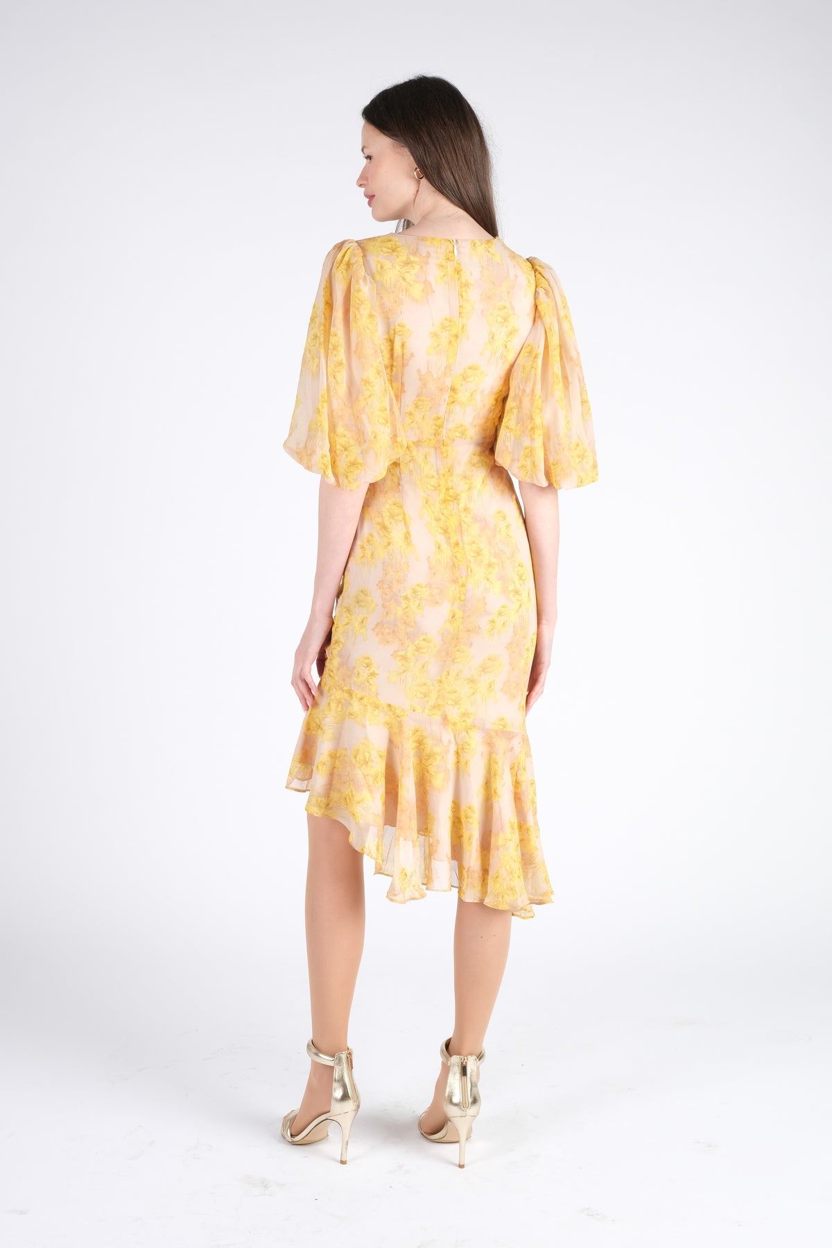 Yellow Midi Dress with Puff Sleeves