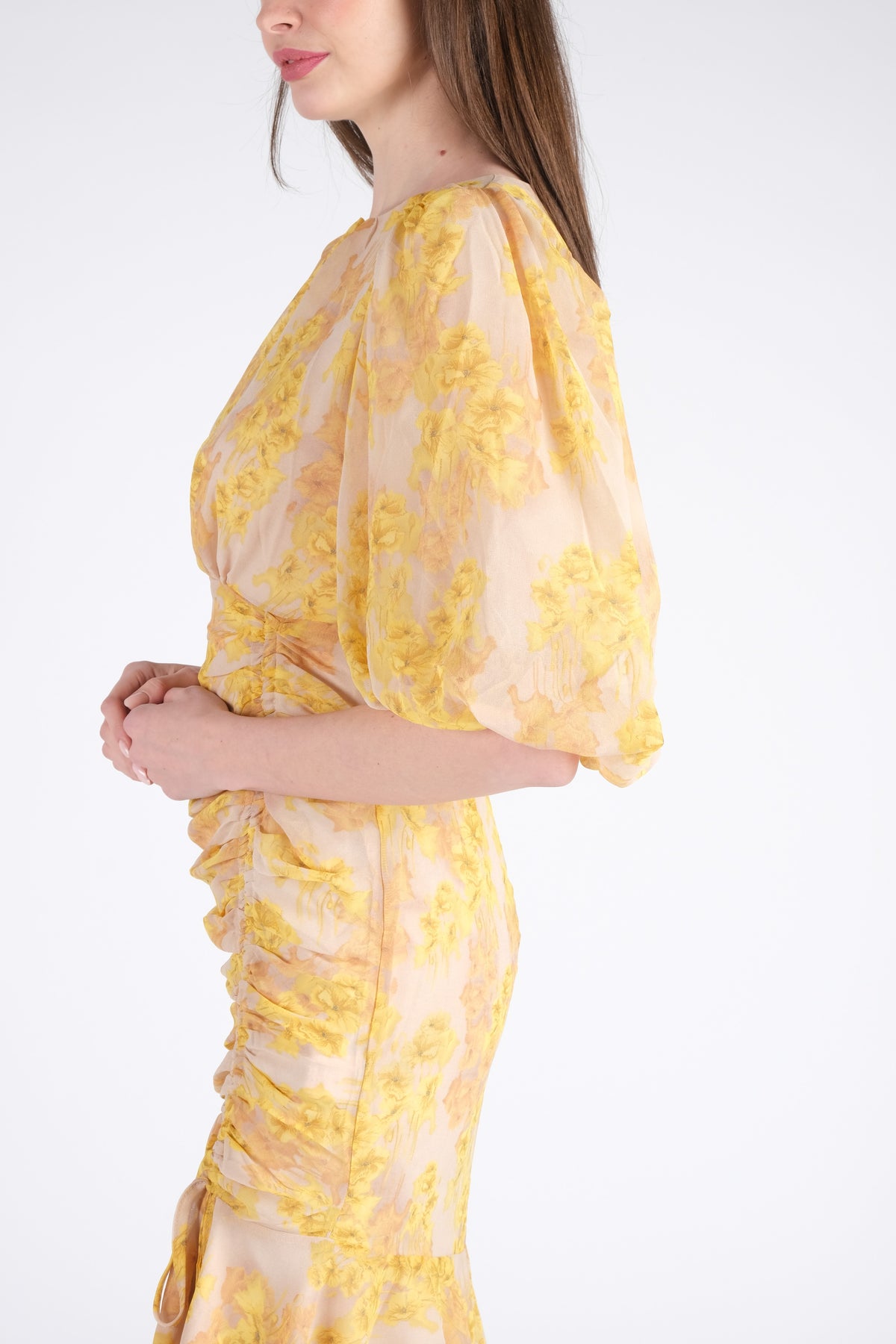 Yellow Midi Dress with Puff Sleeves