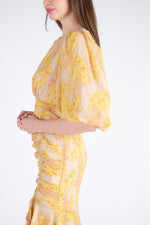 Yellow Midi Dress with Puff Sleeves