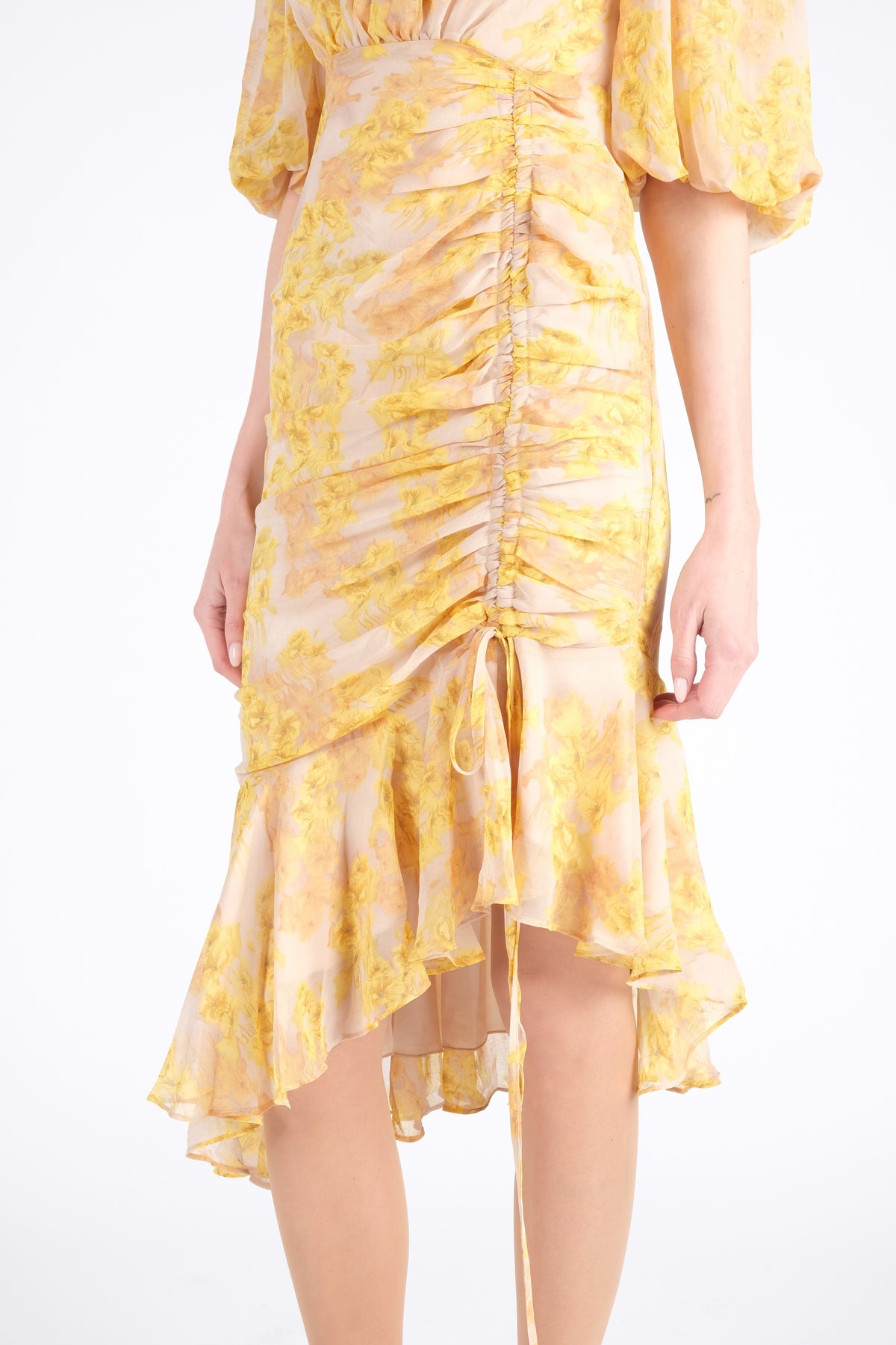 Yellow Midi Dress with Puff Sleeves