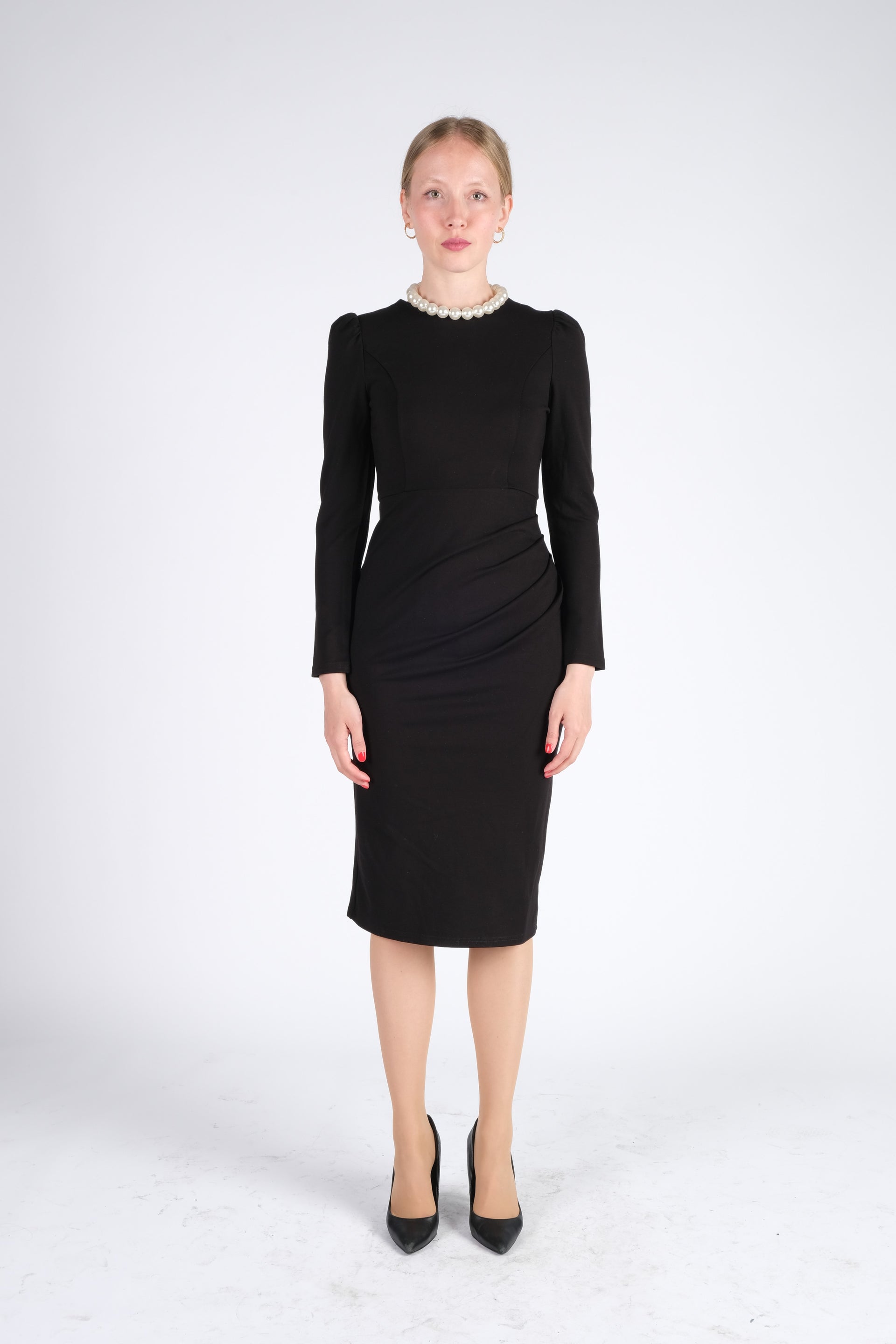 black dress with pearls on neckline Black Midi Dress with Pearls