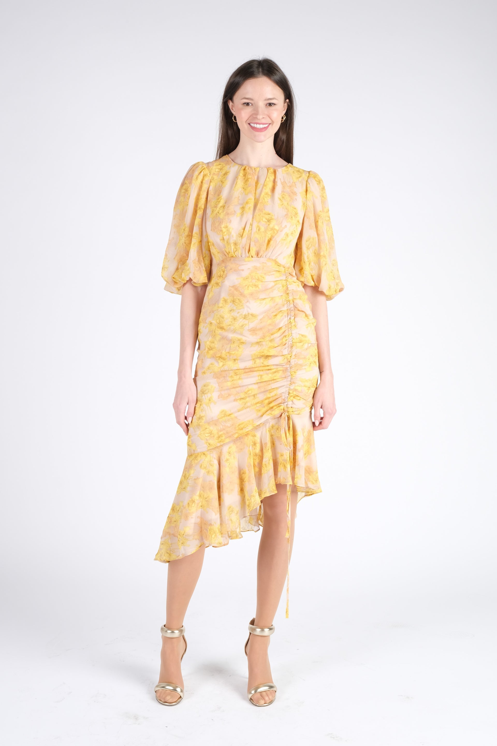 yellow midi dress with sleeves Puff a charming and stylish Color:CHARCOAL & BLACK Winter Print Dress Jasmine Off The Shoulder