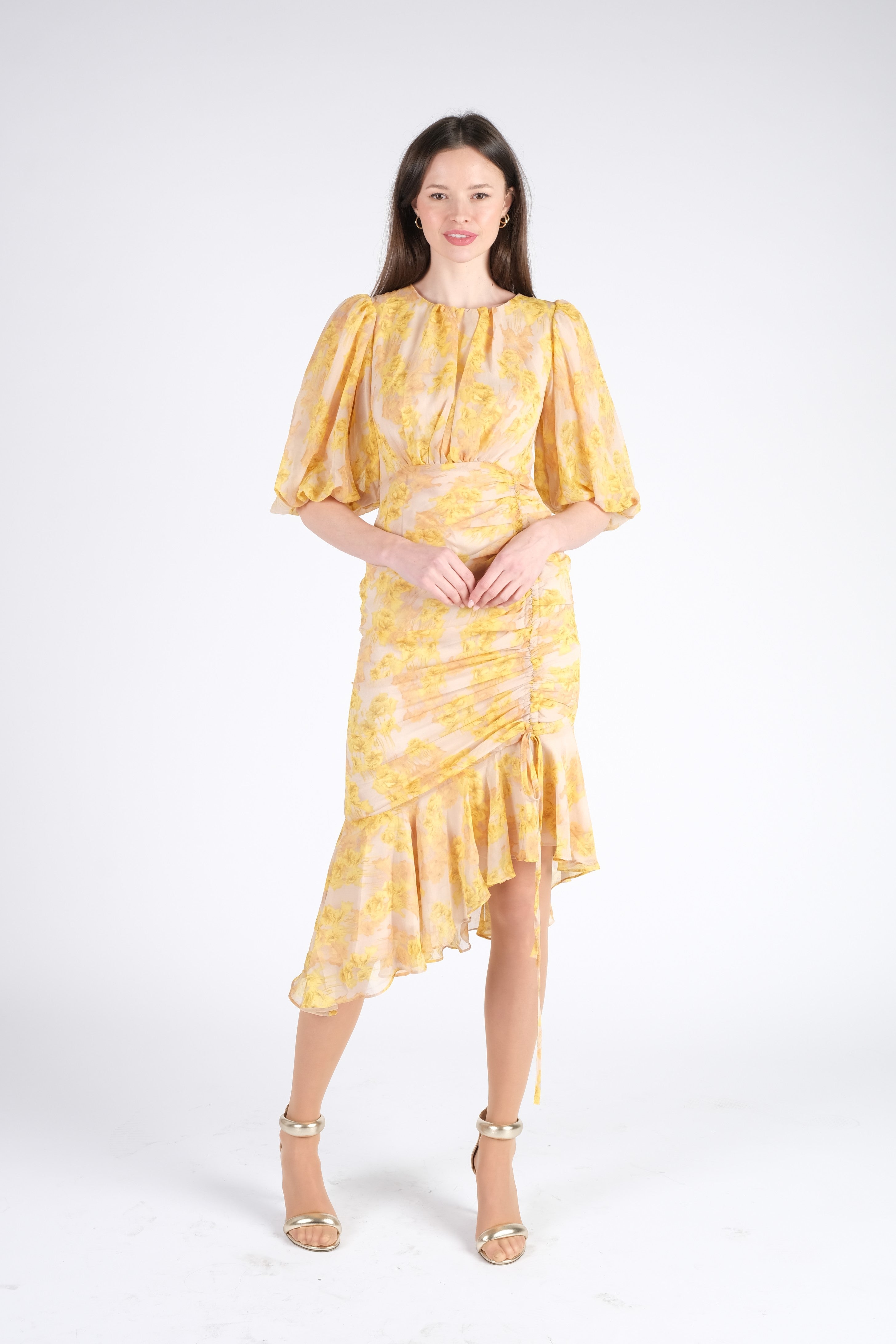 Yellow Midi Dress with Puff Sleeves Yellow Midi Dress with Puff Sleeves