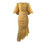 Yellow Midi Dress with Puff Sleeves